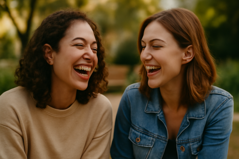 Two young women laughing together in a sunlit park, sharing a joyful moment. Their bright smiles and close connection evoke feelings of happiness, trust, and emotional well-being, with natural light enhancing the warmth of the scene.