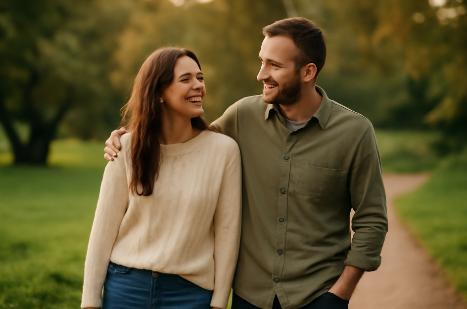 Young couple walking side by side in a peaceful park, sharing a joyful moment. Both are smiling warmly, with the woman's arm resting around the man's shoulder. The soft golden light of late afternoon enhances the relaxed atmosphere, showcasing a genuine connection in a natural, serene setting.