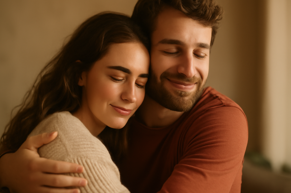A young couple sharing a tender embrace in a warm, intimate setting. The woman rests her head on the man's shoulder, both smiling with their eyes closed, conveying a sense of emotional closeness, trust, and unconditional support. Soft natural light enhances the warmth of the moment." 