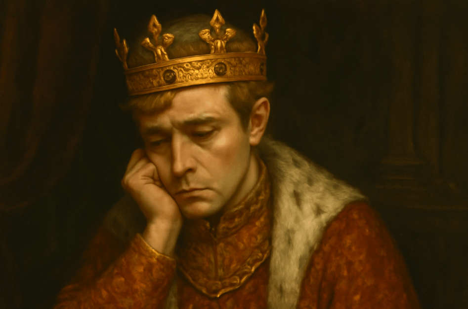 A reflective portrait of a young king wearing a golden crown and a red, gold-embroidered robe, seated in a dark, regal setting. His expression is pensive and contemplative, symbolizing his character evolution from arrogance to tragedy. The dark background and warm lighting emphasize the king's emotional depth and the complexity of his journey.