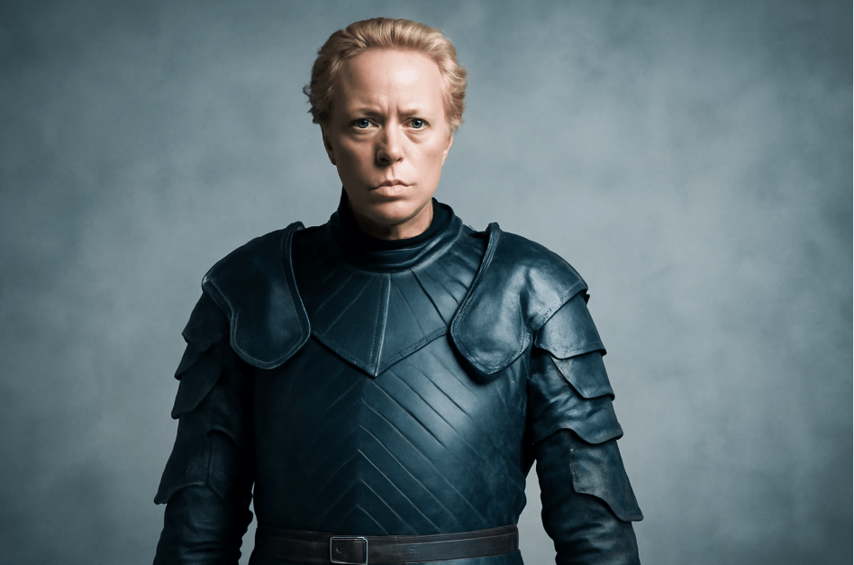 Portrait of Brienne of Tarth from Game of Thrones standing confidently in dark armor with a serious expression, set against a muted, cool-toned background, showcasing her strength and stoic nature.