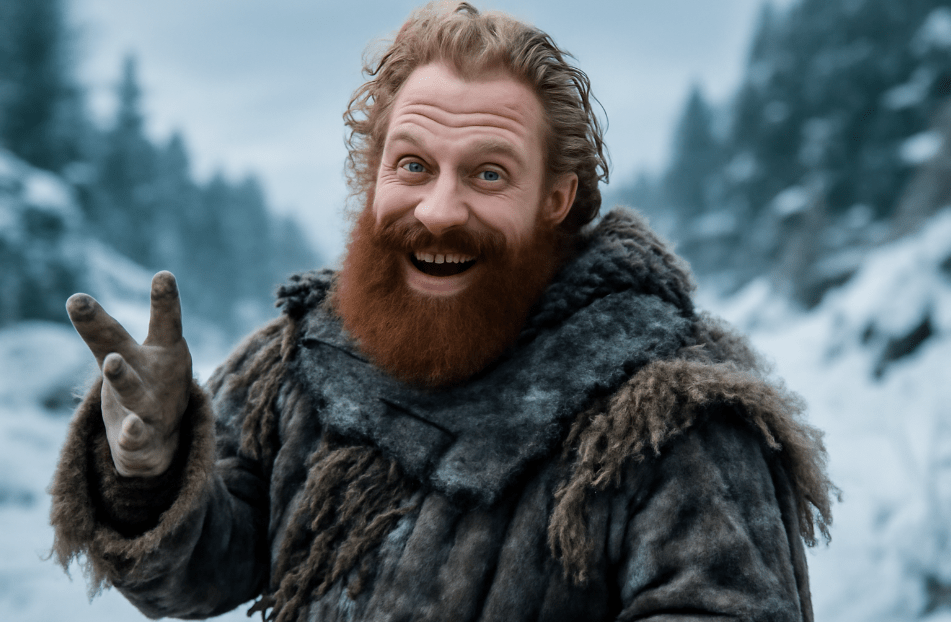 Tormund Giantsbane from Game of Thrones in a snow-covered landscape, confidently telling a story with a wide grin and playful gesture, wearing a rugged fur-lined cloak.