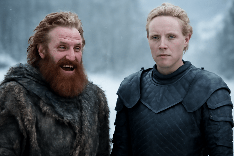 Tormund Giantsbane laughing with a flirtatious grin, standing beside Brienne of Tarth, who has a calm, deadpan expression. Their contrasting personalities are highlighted against a snowy backdrop.