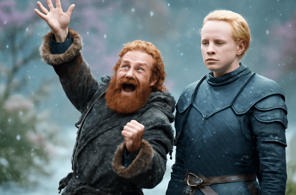 Tormund Giantsbane laughing joyfully with a playful gesture, while Brienne of Tarth stands with a deadpan expression. They are outdoors in a snowy setting, highlighting their contrasting personalities.