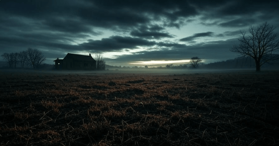Eerie dark landscape with a cloudy ominous sky, shadows stretching across an empty field, evoking fear and mystery, perfect for horror themes