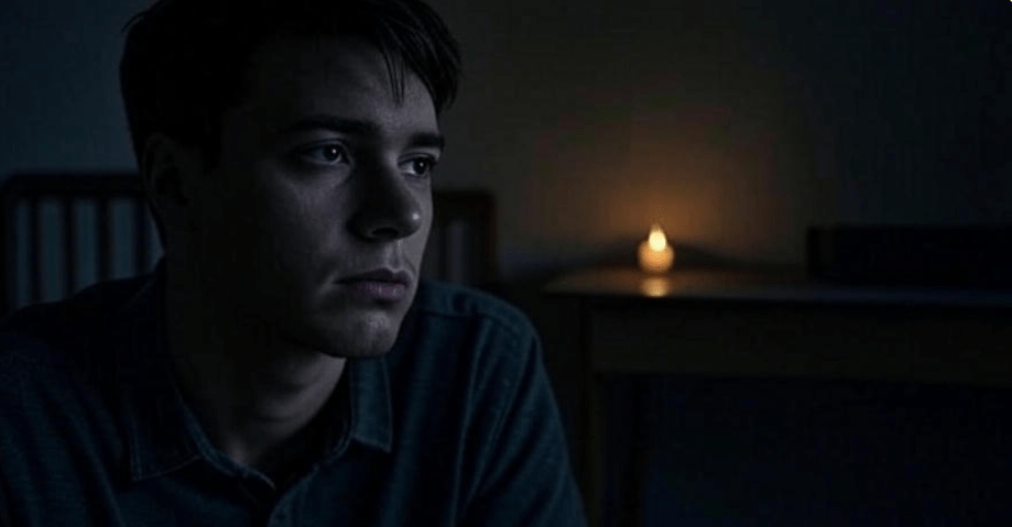 Pensive person sitting in a dimly lit room, shadows symbolizing internal struggles and existential fear, heavy introspective atmosphere, perfect for emotional themes