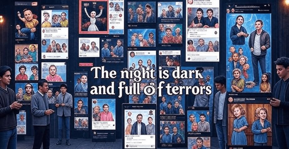 Vibrant digital collage of social media posts, memes, and pop culture references featuring 'The night is dark and full of terrors,' showcasing a modern cultural phenomenon