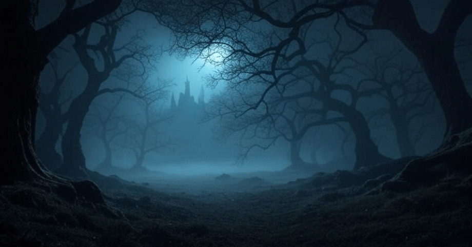 Gothic fantasy landscape with dark twisted trees and foggy atmosphere, evoking mystery and danger, symbolizing fear, tension, and reflection in literature