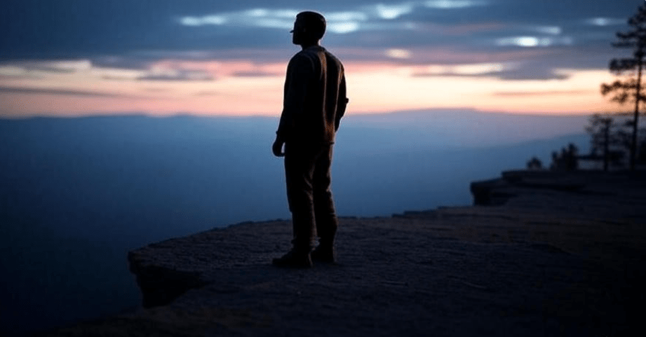 Person standing at cliff edge gazing at dawn horizon, sky transitioning from dark to light, symbolizing hope, growth, and embracing the unknown, conveying strength and transformation,