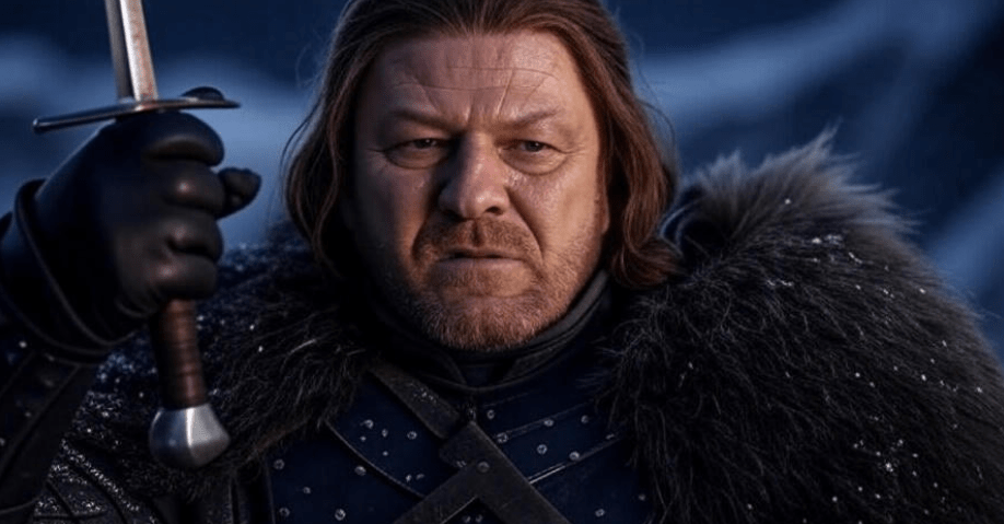 A stern warrior in dark armor and fur cloak holding a sword, standing against a snowy mountainous backdrop.