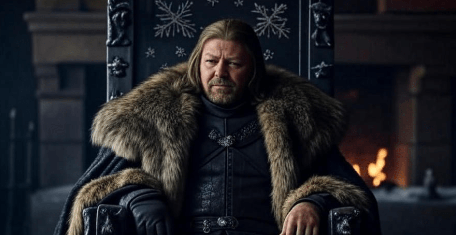 A regal figure in dark armor and fur cloak sitting on an ornate throne with snowflake carvings, illuminated by a warm fireplace in the background.