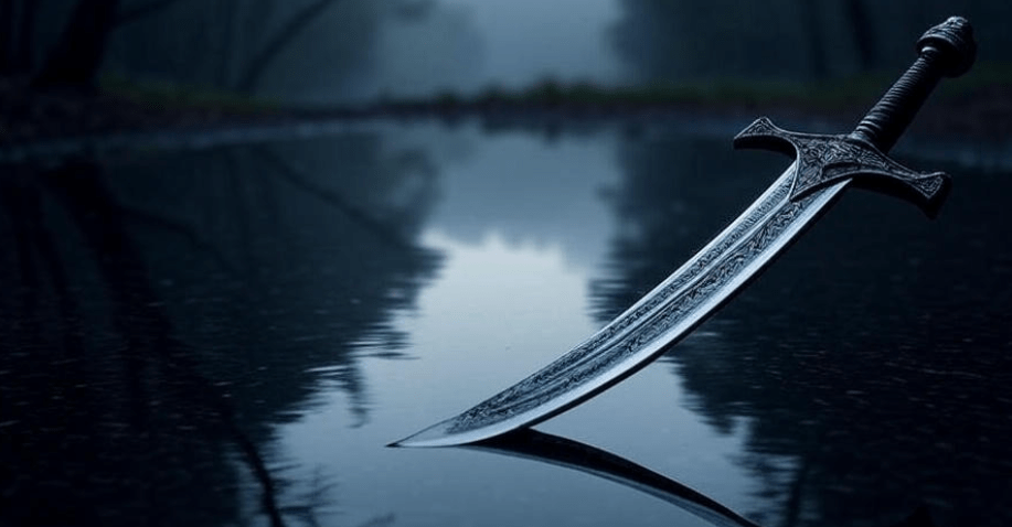 A mystical sword with intricate designs resting on the calm surface of a reflective lake, surrounded by a foggy forest backdrop.