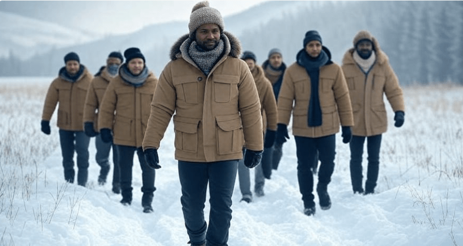 A group of people in warm winter coats and hats walking through a snowy landscape with mountains in the background.