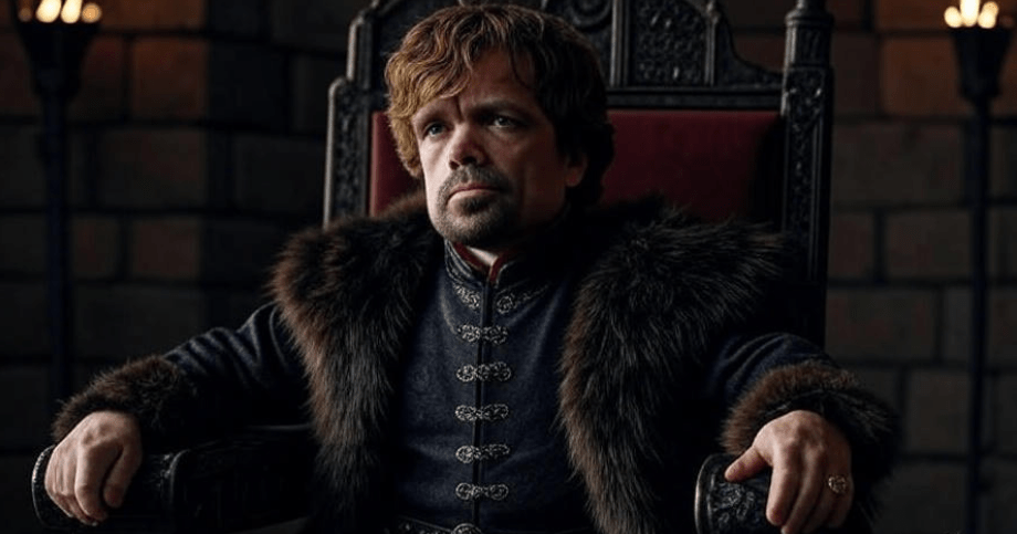 Medieval fantasy-style man with short dark hair, sharp thoughtful expression, sitting on a throne in a dark stone-walled room, dressed in rich medieval clothing symbolizing authority and wisdom, embodying strength despite small stature reminiscent of Tyrion Lannister from Game of Thrones, intense yet empowering mood