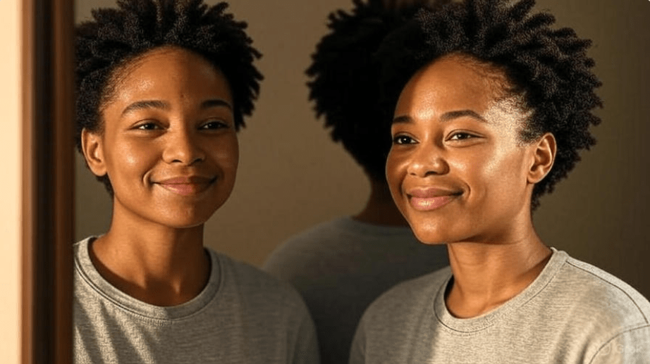 Confident person standing in front of a mirror, smiling softly at their reflection, neutral background highlighting authentic expression, symbolizing self-acceptance and embracing true self with imperfections, evoking peace, contentment, and self-confidence