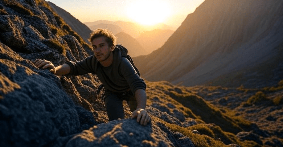 Determined person climbing a rugged mountain symbolizing personal growth, with the sun rising behind them signifying new beginnings and progress, steep path, resolute expression showing overcoming challenges, empowering and hopeful atmosphere