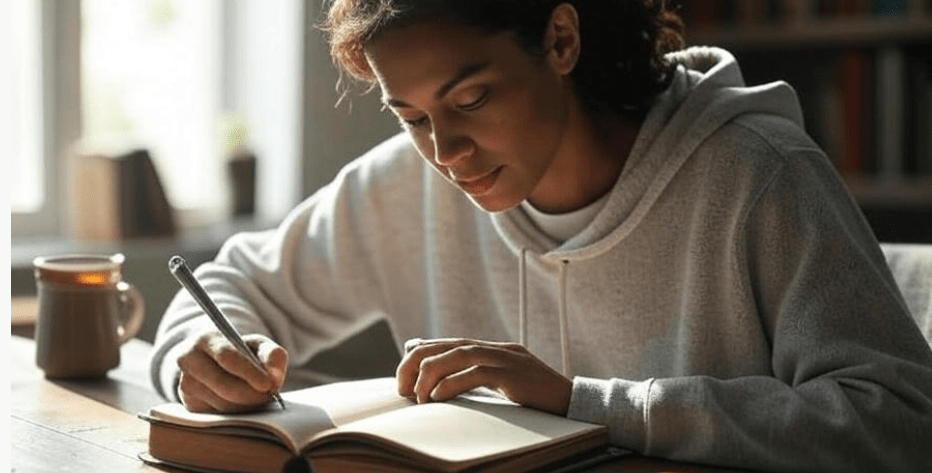 Person writing in a journal at a cozy desk with a cup of tea, focused on noting strengths and weaknesses in a calm, peaceful environment, symbolizing personal growth through self-reflection and actionable steps
