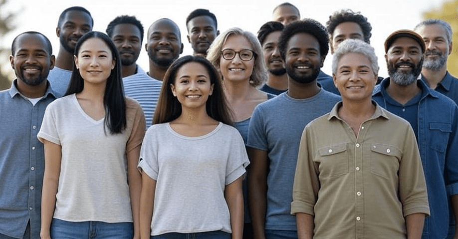 Diverse individuals from different backgrounds standing confidently together, showcasing unique expressions of authenticity with some smiling and others showing quiet strength, simple yet powerful setting emphasizing unity in diversity, inspiring empowerment through embracing true self