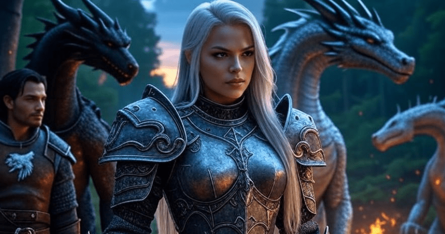 "Fantasy portrait of a fierce female leader with silver hair and majestic dragons in a 16:9 aspect ratio, alongside a humble male warrior with dark hair and a direwolf emblem, featuring symbolic fire and ice elements, detailed fantasy style, rich colors.