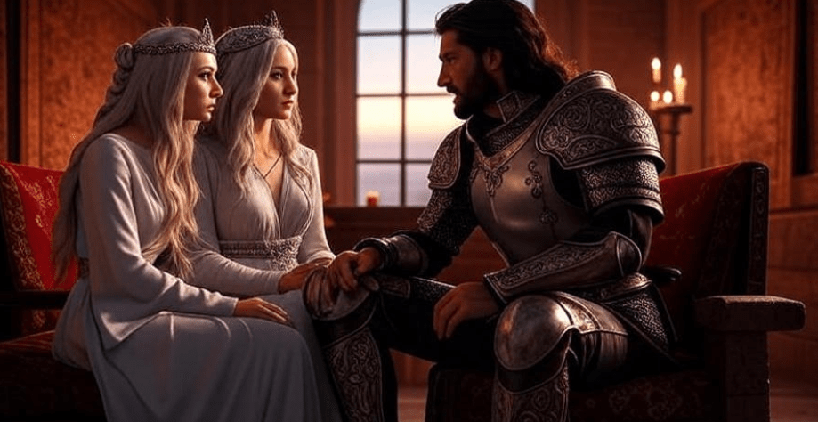 Fantasy scene of a silver-haired queen and a dark-haired warrior in a medieval throne room, engaged in a serious conversation, illuminated by warm candlelight, featuring rich textures and detailed fantasy art