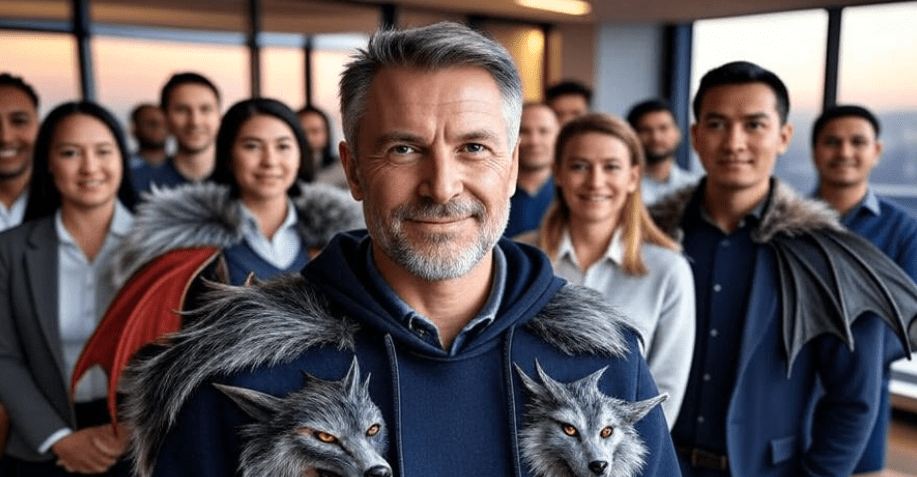 Modern leadership scene featuring a diverse group of people with a confident leader in front, subtle fantasy motifs like dragon wings and wolf fur integrated into business clothes, warm inspiring atmosphere, semi-realistic style