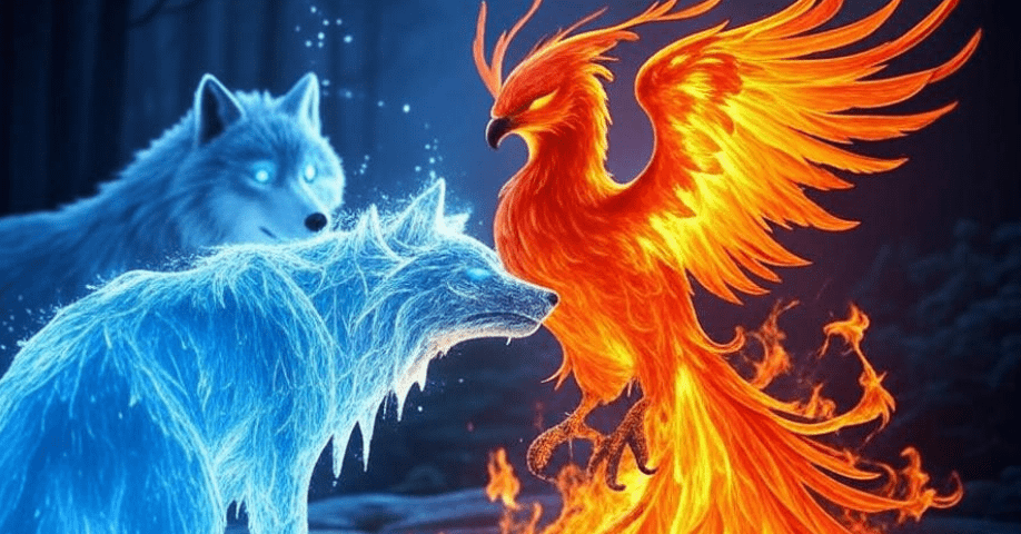 Fantasy illustration of a fiery phoenix rising beside an icy wolf silhouette, glowing magical aura, detailed fantasy art with dramatic lighting