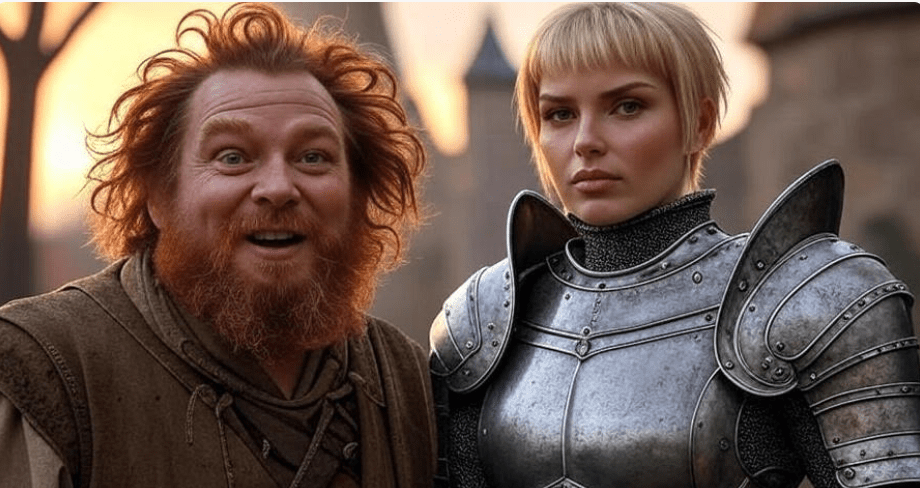 Portrait-style digital art of two medieval fantasy characters side by side, featuring a rugged man with wild red hair and beard displaying a lively expression, and a tall armored woman with short blonde hair and a serious, stoic face, standing confidently in warm natural lighting