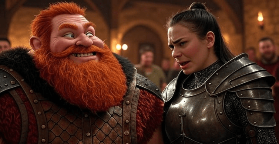 Fantasy scene featuring a burly red-bearded warrior with a wide grin and playful eyes admiring a tall armored woman with an embarrassed yet dignified expression, set in a warm-colored medieval banquet hall, expressive faces,