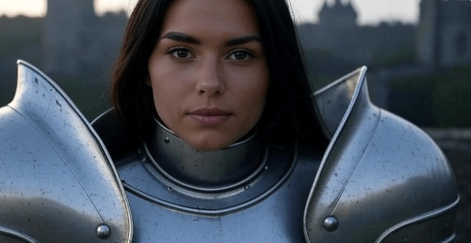 Close-up portrait of a tall female knight in shining medieval armor, displaying a serious and calm expression with subtle vulnerability in her eyes, illuminated by soft natural lighting, medieval fantasy style
