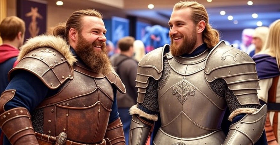 Lively digital collage of fans at a fantasy convention dressed as a wild bearded warrior and a female knight, smiling and interacting, featuring vibrant colors, dynamic composition, and images of memes and social media posts