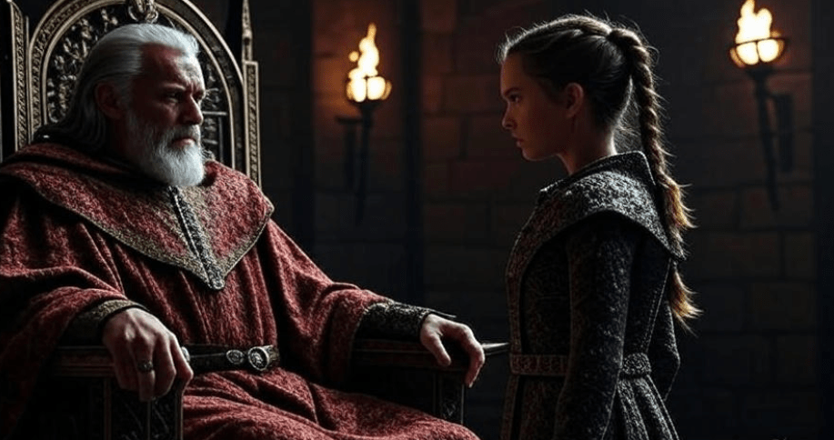 Dramatic medieval throne room scene featuring a powerful older man in regal robes seated on an ornate throne, engaged in a tense conversation with a fierce young woman in dark attire, highlighting authority and family tension in a high fantasy setting