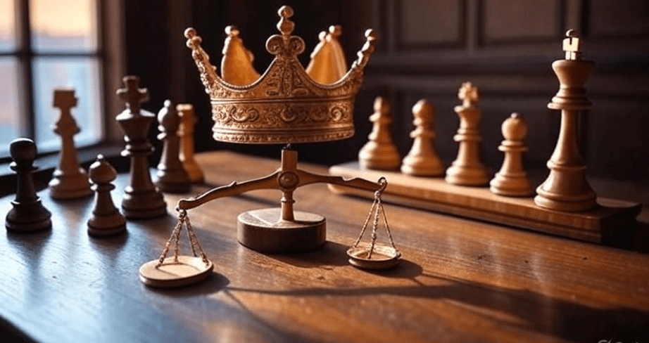 Elegant symbolic scene of a golden crown balancing on a scale surrounded by chess pieces, representing power, control, and strategy, with warm lighting,