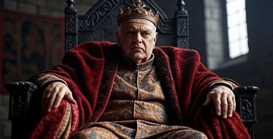 Regal older man with a stern expression sitting confidently on a medieval throne, exuding calm and commanding presence, symbolizing ruthless and strategic leadership
