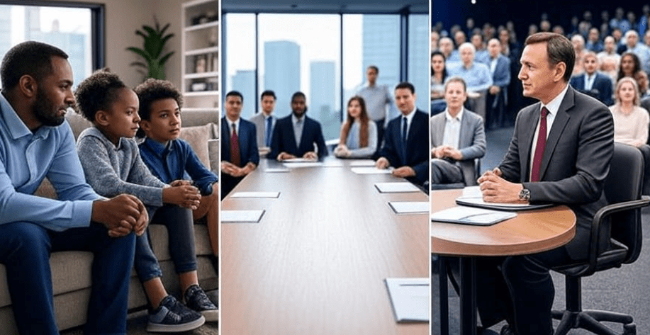 Triptych illustration of power dynamics featuring a parent guiding a child, a business team in discussion, and a political debate, presented in a clean and professional style,