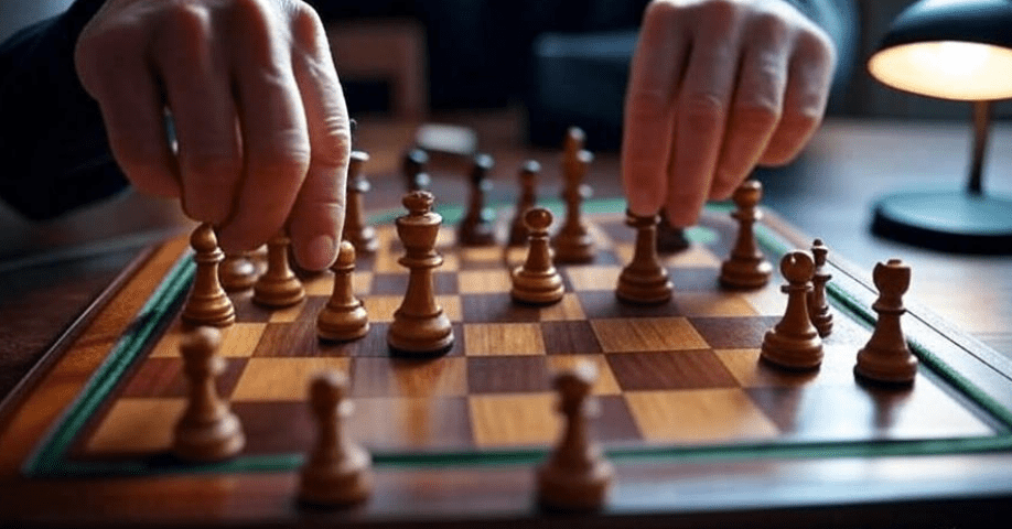 Close-up of hands moving chess pieces on a chessboard, symbolizing strategic thinking, leadership, and careful planning