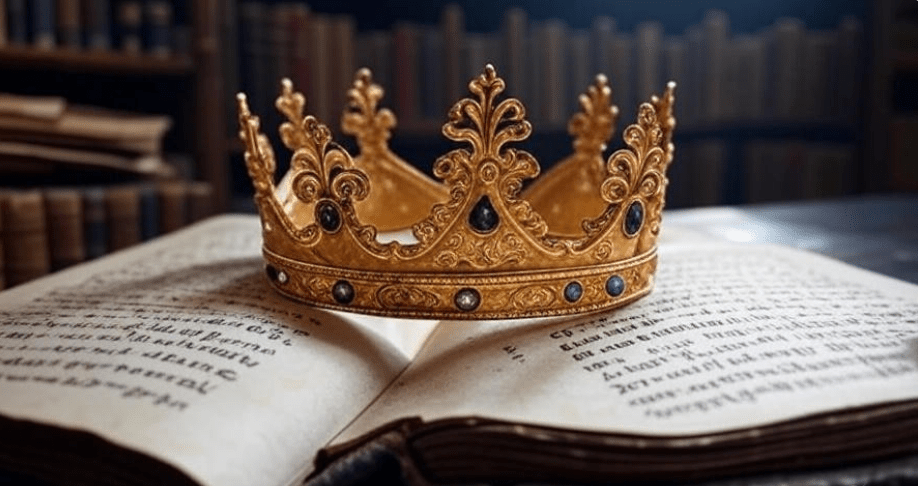 Golden crown resting on an ancient open book with medieval script, symbolizing wisdom, leadership, and knowledge as power