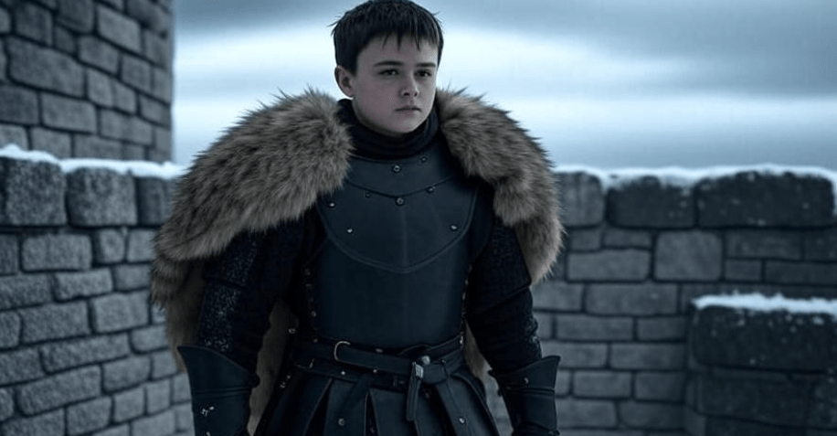 Heroic young medieval warrior in black leather armor and fur cloak, standing resolute on a snowy castle wall under a cloudy sky, fantasy style, cinematic lighting, Game of Thrones inspired