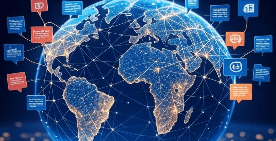 Modern stylized globe with glowing network lines connecting diverse locations, featuring icons of protest signs, books, social media, and speech bubbles over different continents, bright and engaging infographic style