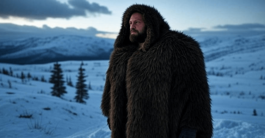 Lone figure in a fur cloak standing on a snowy hill, overlooking a vast, harsh winter landscape with dark clouds gathering, symbolizing readiness and vigilance. The contemplative pose evokes anticipation and strength in the face of adversity, captured