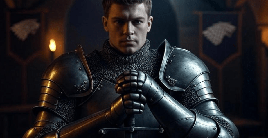 Solemn knight in full armor holding a sword with both hands in a medieval hall lit by torchlight, displaying a serious and determined expression symbolizing honor and commitment. Subtle Stark sigil banners adorn the background