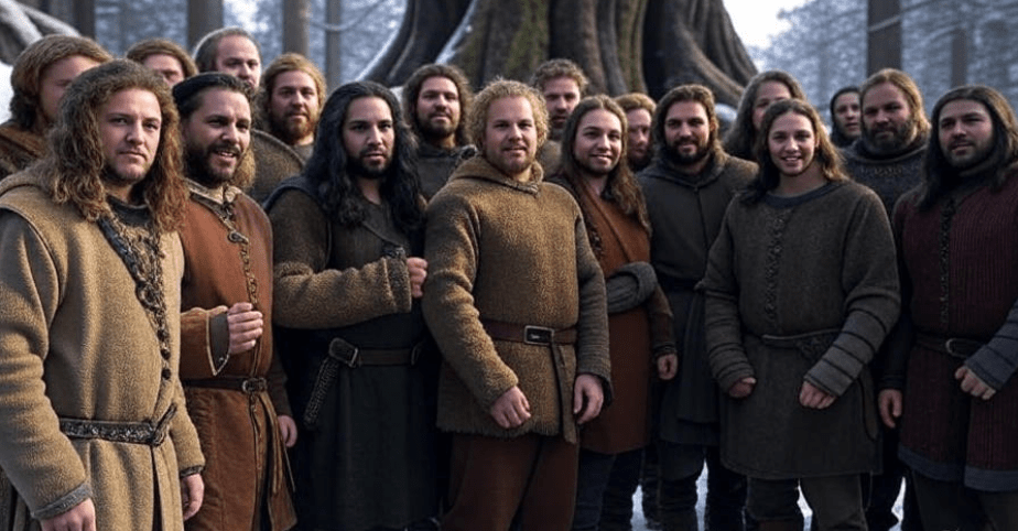 Close-knit group in medieval Northern attire standing united in a snowy forest, faces reflecting determination and support, with a large ancient tree symbolizing strength in the background. Warm mood contrasts the cold surroundings