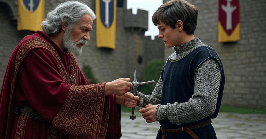 Medieval lord handing over a sword to a younger leader in a castle courtyard, both showing respect and understanding, with a stone castle and banners symbolizing transition and trust in the background. The mood conveys wisdom, humility, and shared responsibility