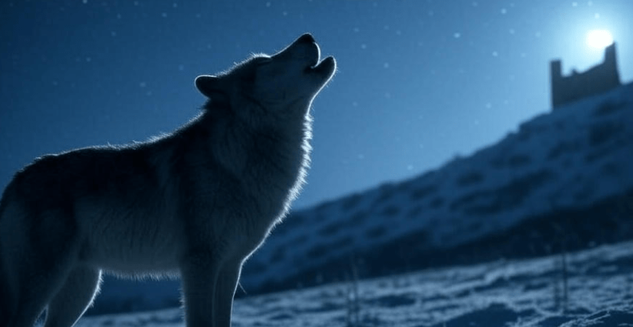 Wolf silhouette howling under a cold northern night sky filled with stars, with the faint outline of Winterfell castle under moonlight in the background, evoking mystery, strength, and timeless legacy