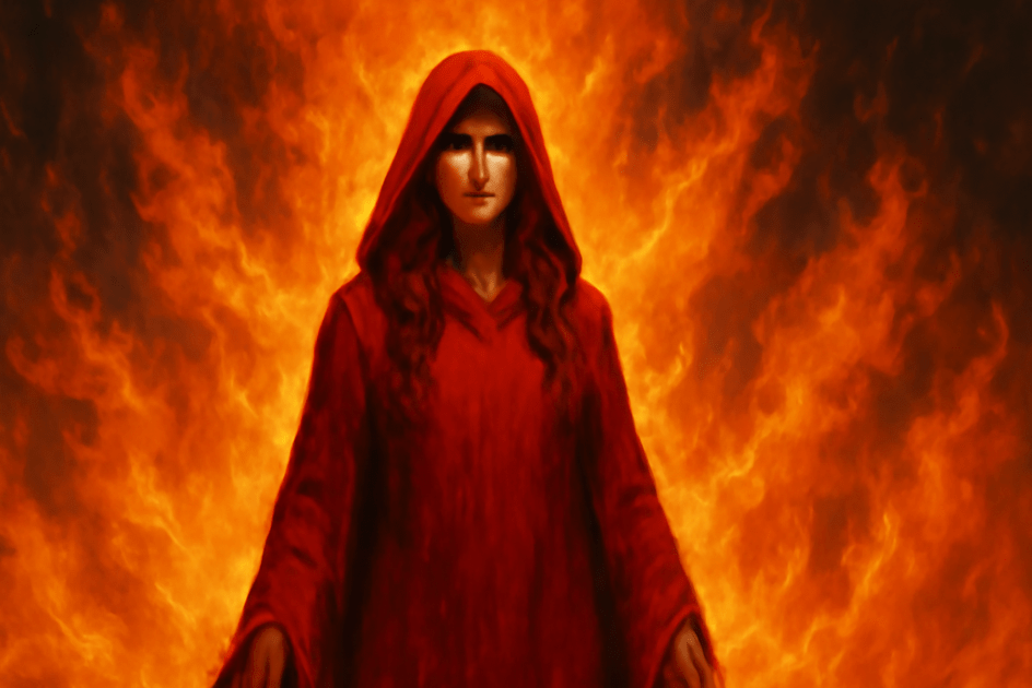 "Mystical woman in a red robe standing before roaring flames, symbolizing her connection to the fire god and magical powers." 