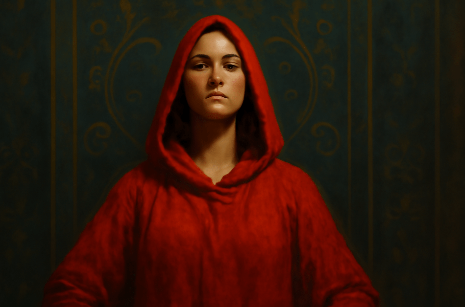 "Close-up of a powerful woman in a red robe, standing with a confident expression in front of a regal, mysterious background, exuding authority." 