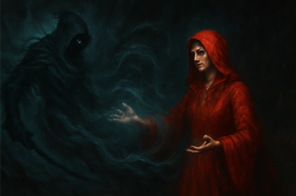 "Mystical woman in red robes performing a ritual to summon a shadow assassin, surrounded by swirling dark energy in a dramatic, mysterious scene." 