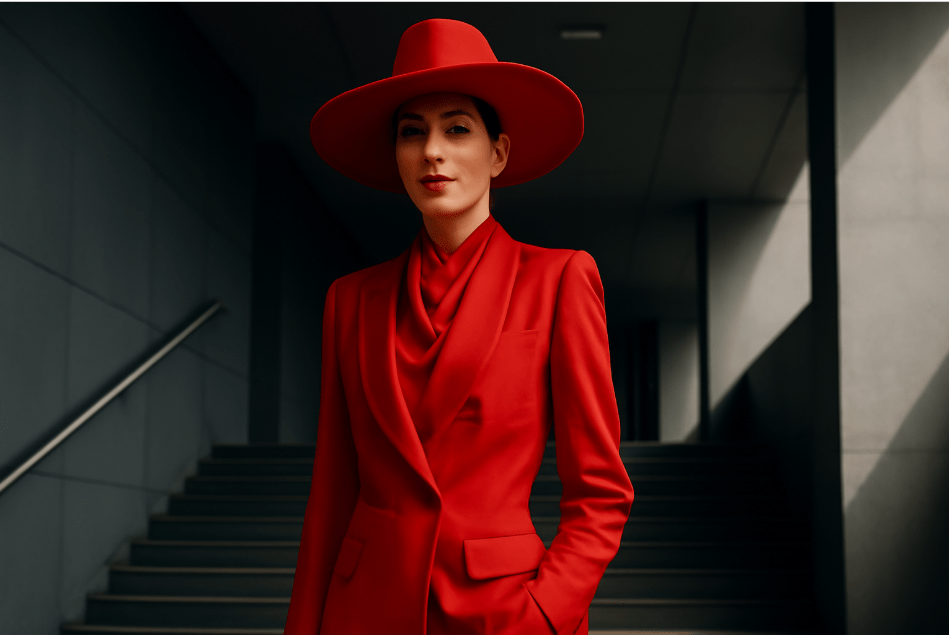 A confident woman of African descent in a bold red pantsuit and wide-brimmed hat, exuding power, authority, and elegance, standing in a modern minimalist architectural setting. 