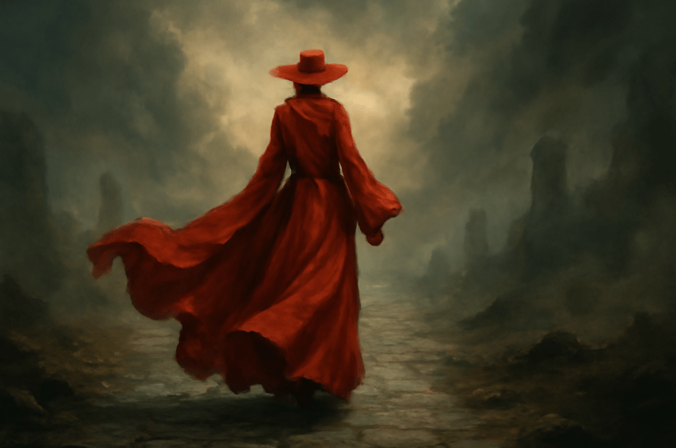 A powerful figure in red robes walking away along a misty stone path, her billowing robes symbolizing strength and journey, with ancient ruins flanking the eerie path in a mystical environment. 