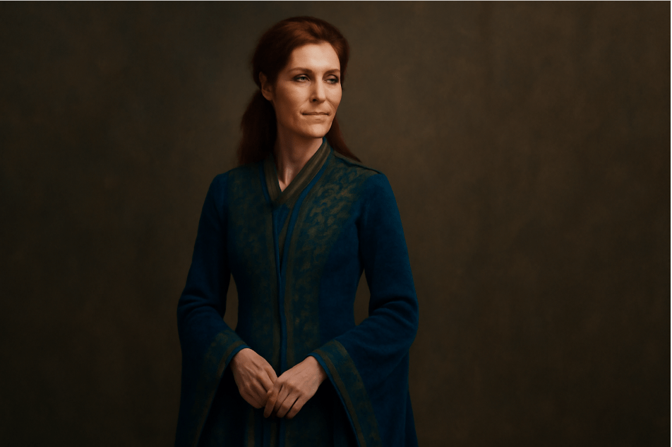 Catelyn Stark in a luxurious deep blue and green gown with intricate embroidery, embodying her noble status as Lady Stark with a serene and strong expression