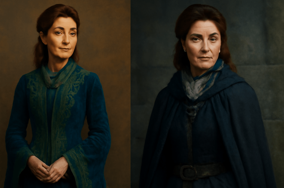 Split image of Catelyn Stark from Game of Thrones: on the left, she wears a regal deep blue velvet gown with intricate embroidery, exuding grace and nobility; on the right, she dons somber military-inspired attire with a determined expression, reflecting her strength and resilience."